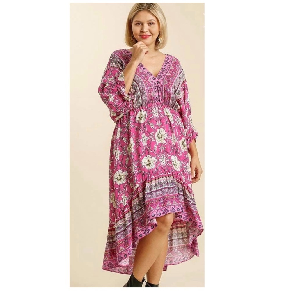 Umgee | Boho Mixed Print High Low Midi Dress Pink | M